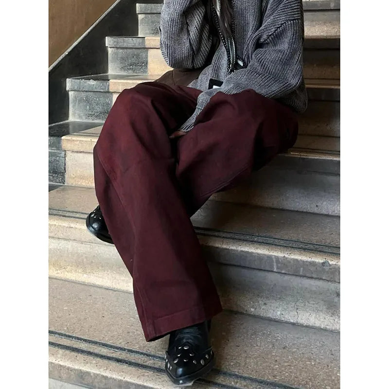 Lunivop Vintage Women Burgundy Jeans High Waist Y2K Designed American Style Streetwear Denim Pants Casual Female 90S Trousers