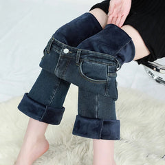 Lunivop  Winter Snow Warm Female Thin Casual Jeans Girls Thermal Fleece Flared Pants Lady Korean High Waist Straight Leg Trousers