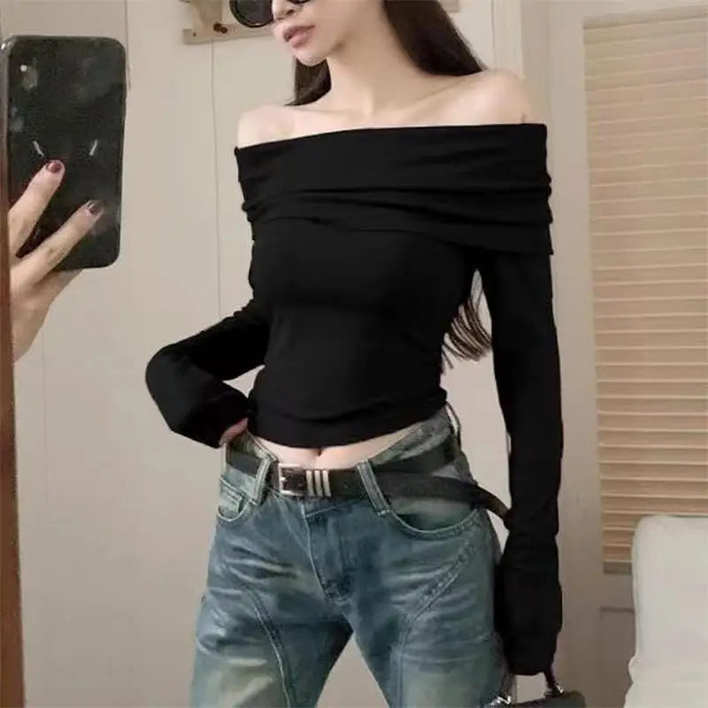 Lunivop Chic Women Sexy Off Shoulder T-shirt Winter Long Sleeve Slim Fit Crop Top Y2K Vintage Harajuku Black Tees Elegant Female Clothes