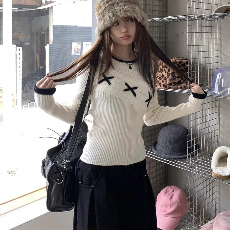 Lunivop Korean Style Elegant Sweaters Sweet Vintage Long Sleeve Knitted Pullover Autumn Winter Patchwork Sweaters Aesthetics