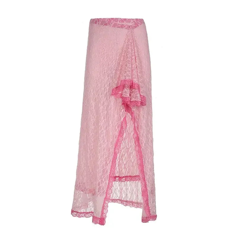 Lunivop  Y2K Sweet Pink Lace Irregular Split Skirt Streetwear Contrast Aesthetic Stylish Flowy Long Skirts Cute Outfits Summer