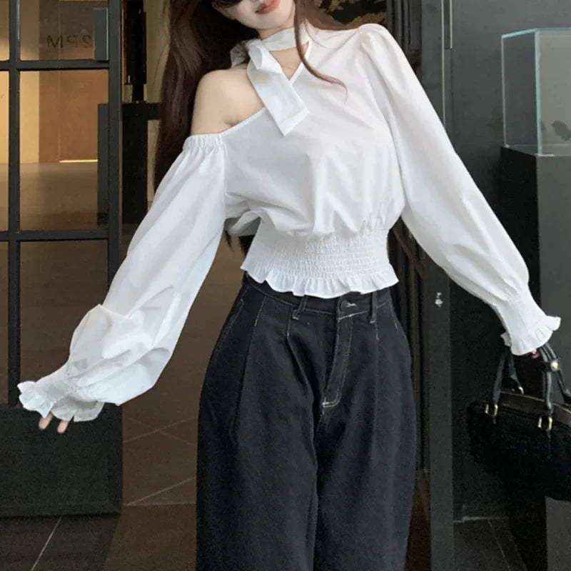 Lunivop High Street Strapless Lace-up Loose Long Sleeve Shirt Women Autumn New Korean Skew Collar Solid Color Casual Ruffled Blouse