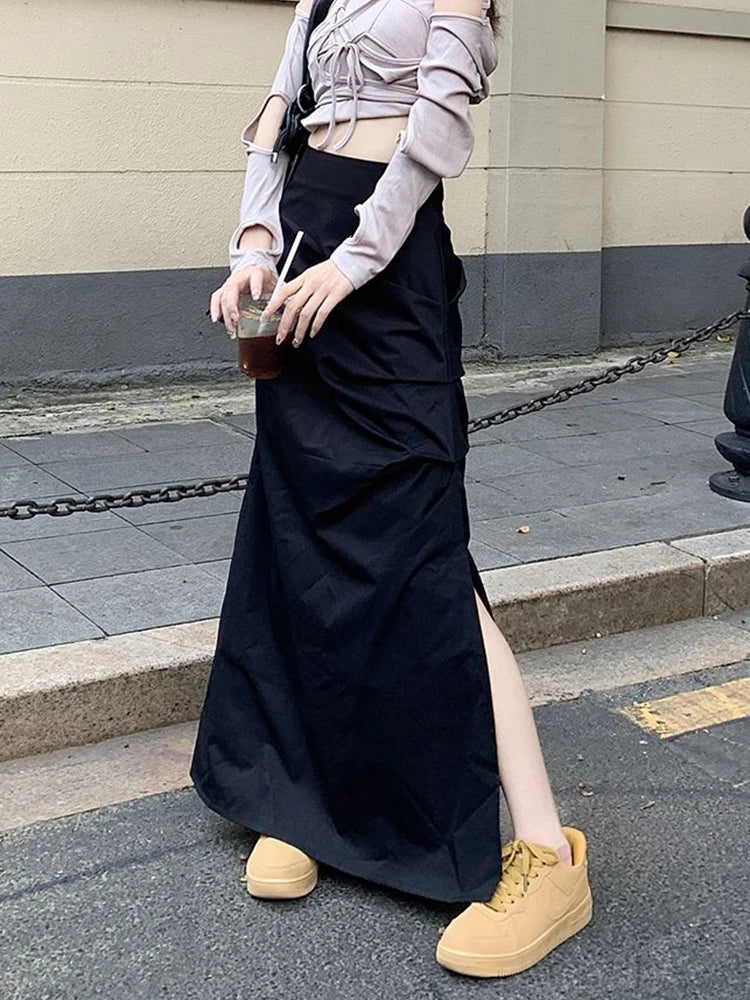 Lunivop  Streetwear Retro Cargo Long Skirts Women High Waist Casual Y2K Slit Skirt American Harajuku Vintage Design Lady Slim Skirts