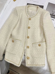 Lunivop French Sweet Tweed Jacket Women O Neck Elegant Slim Long Sleeve Coat Vintage Casual Single Breasted Female Fall Winter Tops