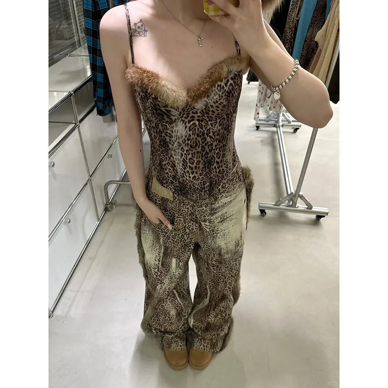 Lunivop American Retro High Street Casual Overalls Leopard Print Loose Wide Leg Pants For Women Y2k Hip-hop Cargo Grunge Baggy Trousers