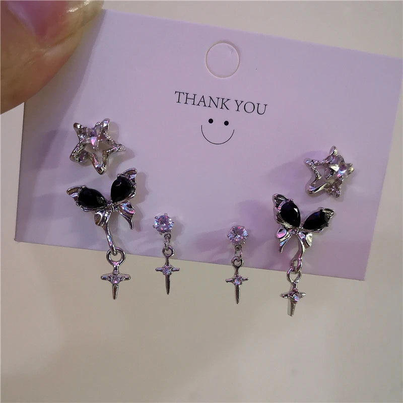 Lunivop 6PCS Goth Harajuku Vintage Aesthetic Black Butterfly Crystal Star Earrings Set For Women Party Y2K 90s EMO Jewelry Accessories