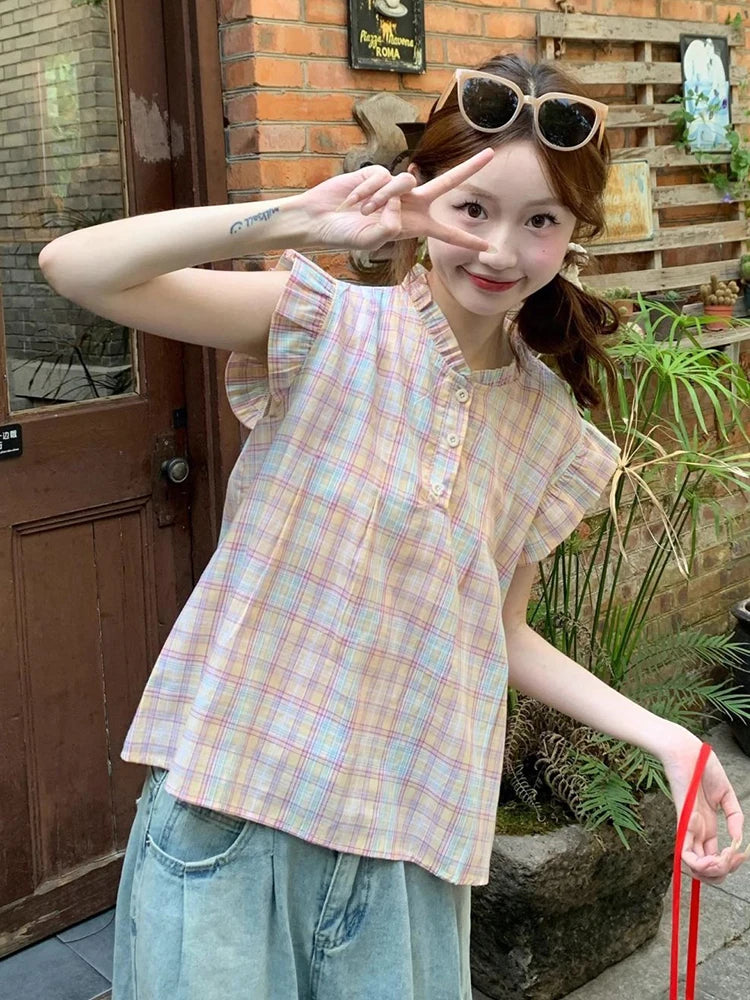 Lunivop Women Sweet Plaid Shirt Casual Preppy Style Flying Sleeve Cute Blouse Korean Summer O Neck Sleeveless Lady Vintage Tops New