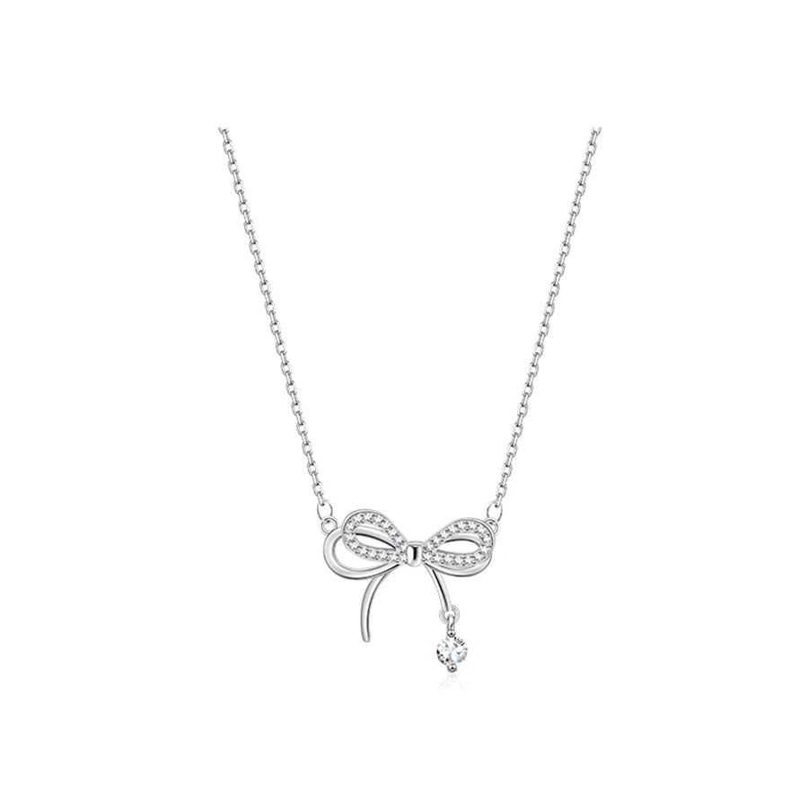 Lunivop Korean Trendy Simple Bling Zircon Silver Bow Pendant Necklace for Women Glossy Stainless Steel Chain Sweet Elegant Party Jewelry