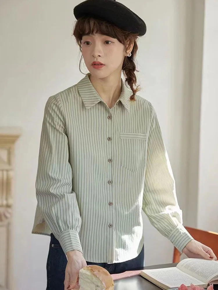 Lunivop Preppy Style Retro Striped Shirt Women Long Sleeve Elegant Sweet Blouse Japan Casual Pocket Fall Female Simple Vintage Tops New