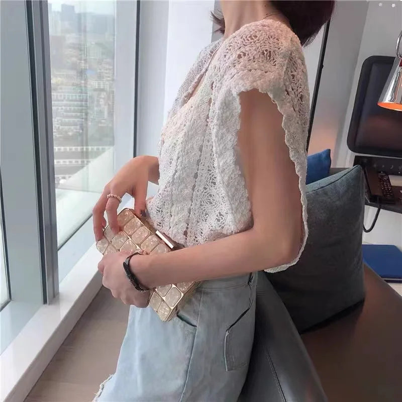 Lunivop Summer Crochet Top Women Sheer Openwork V-neck Sleeveless Knit Tank Blouse Beach Boho Vacation Outfit