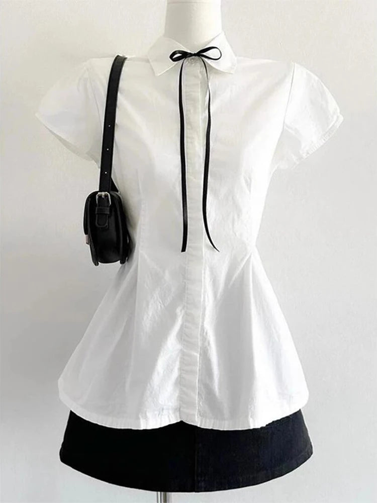 Lunivop  Elegant Bow Women Shirts Summer Short Sleeve White Preppy Style Blouse Tunic Bandage Simple Solid Korean Ladies Tops New
