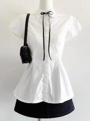 Lunivop  Elegant Bow Women Shirts Summer Short Sleeve White Preppy Style Blouse Tunic Bandage Simple Solid Korean Ladies Tops New