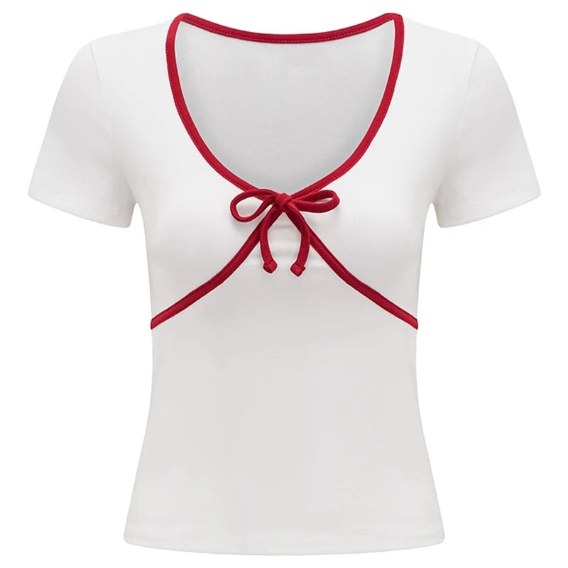 Lunivop Retro Red Bow Color White T-shirt V-Neck Slim Short Sleeve Top Women's Summer Short Sleeved Top Korean roupas feminina