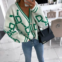 Lunivop  Woman Long Sleeve Sweater Short Loose Knitwear Jumper Autumn Winter V neck Striped Geometric Knitted Cardigan Vintage
