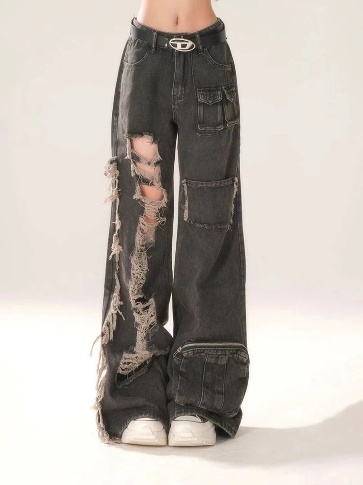 Lunivop  Fashion Ripped Women Jeans Y2K American Style Tassel Hole High Waist Loose Wide Leg Female Denim Pants New
