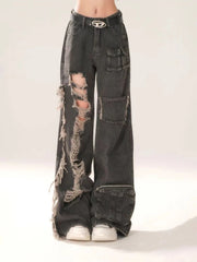 Lunivop  Fashion Ripped Women Jeans Y2K American Style Tassel Hole High Waist Loose Wide Leg Female Denim Pants New