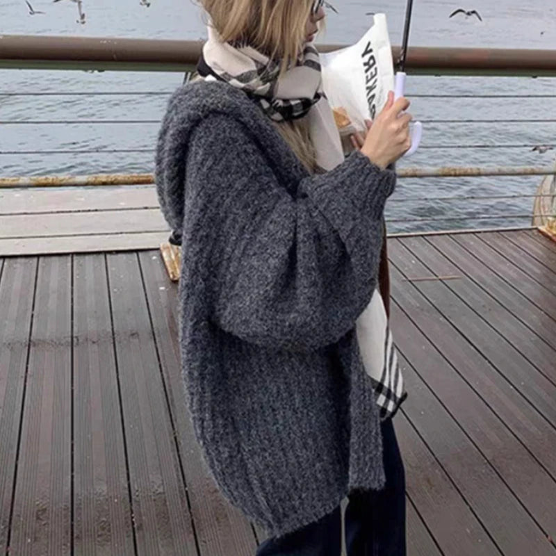 Lunivop Chunky Knit Open Front Hooded Cardigan for Women Comfy Longline Sweater Hoodie Coat Female Casual Chic Autumn Winter Outfit