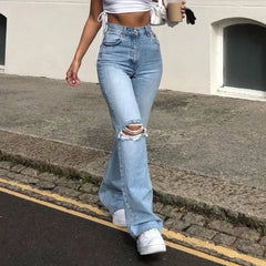 Lunivop  Women's Spring and Fall New Fashion Casual Ripped High-waisted Slightly Flared Pants Jeans Slim-fit Wash Jeans Long Pants Y2k
