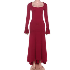 Lunivop  Solid Mermaid Maxi Dress Women Elegant Square Neck Flare Full Sleeve Slim Bodycon Banquet Party Long Robe Casual Streetwear