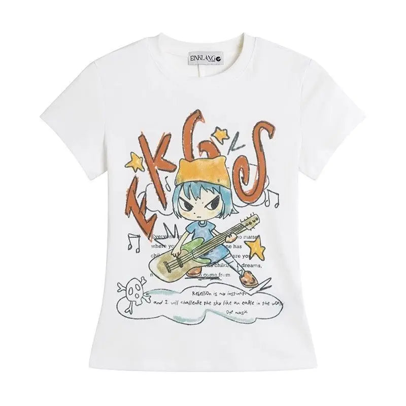 Lunivop  Sexy T Shirts Women Cartoon Printed Short Sleeve Slim Y2k Crop Tops Summer Fashion Stretch Female Tshirt Casual