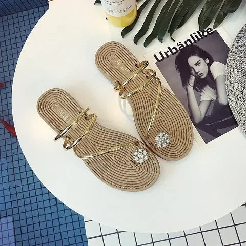 Lunivop  Slides Outside Shoes on Beach Women's Slippers and Ladies Sandals Gold Crystals Rhenstone Flat Open Toe Waterproof Designer Y I