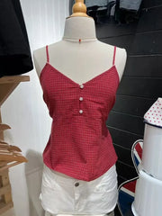 Lunivop  Vintage Red Plaid Buttons V-neck Camis Women Summer Casual Lace Trim Slim Simple Sleeveless Vests Sweet Preppy Style Tank Tops
