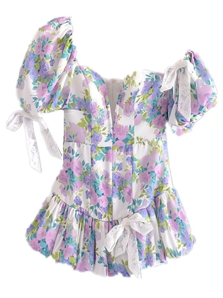 Lunivop  Sexy Short Lantern sleeve One Shoulder Party Dresses Retro Women Spliced Bow Bandage Floral Print Mini Dress