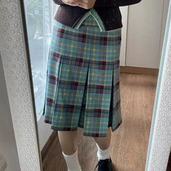 Lunivop  Y2k Elegant Vintage Plaid Ruched Skirts Summer High Waist A-line Skirt for Women New Mid-length Loose Faldas Mujer