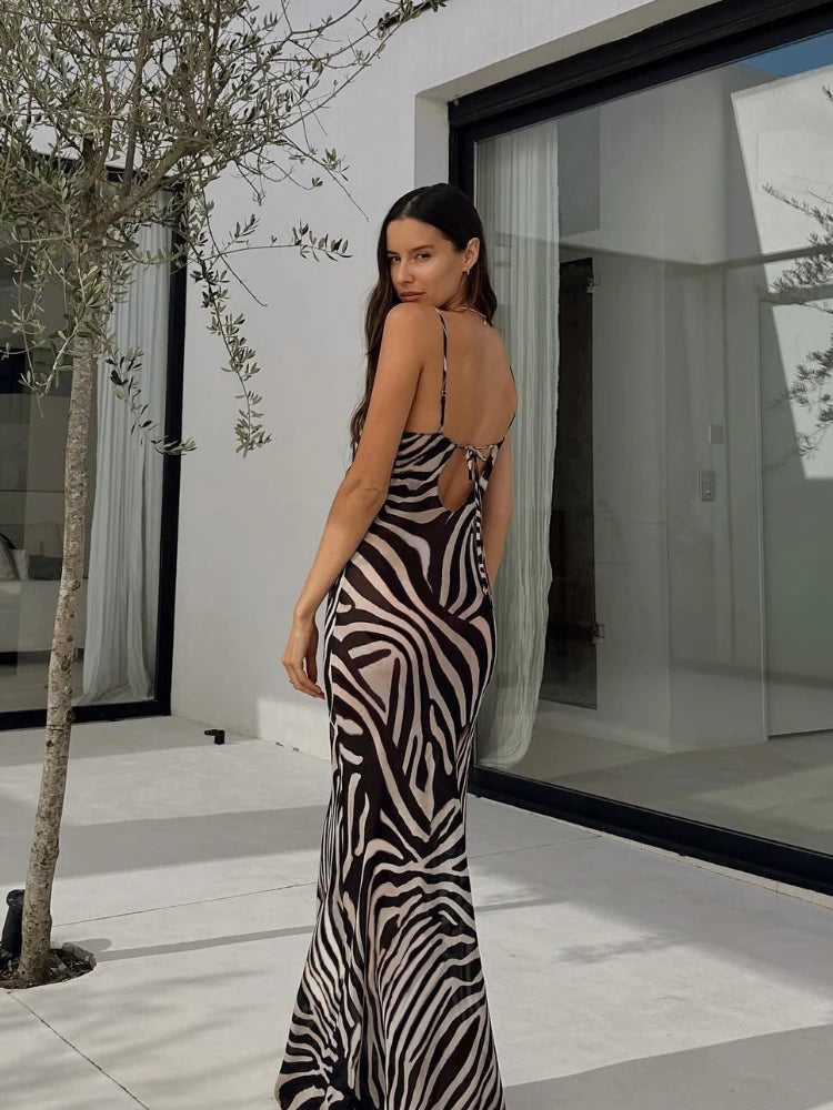 Lunivop Chiffon Zebra Print Beach Dress Women Sexy See Through Sim Long Party Dresses Summer Spaghetti Strap Backless Holiday Dress
