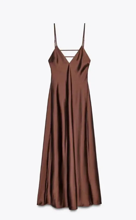 Lunivop  Orange Satin Lace Up Sling Long Dresses Women Fashion V Neck Backless Sleeveless Maxi Robe Summer Female Evening Party Club Gown