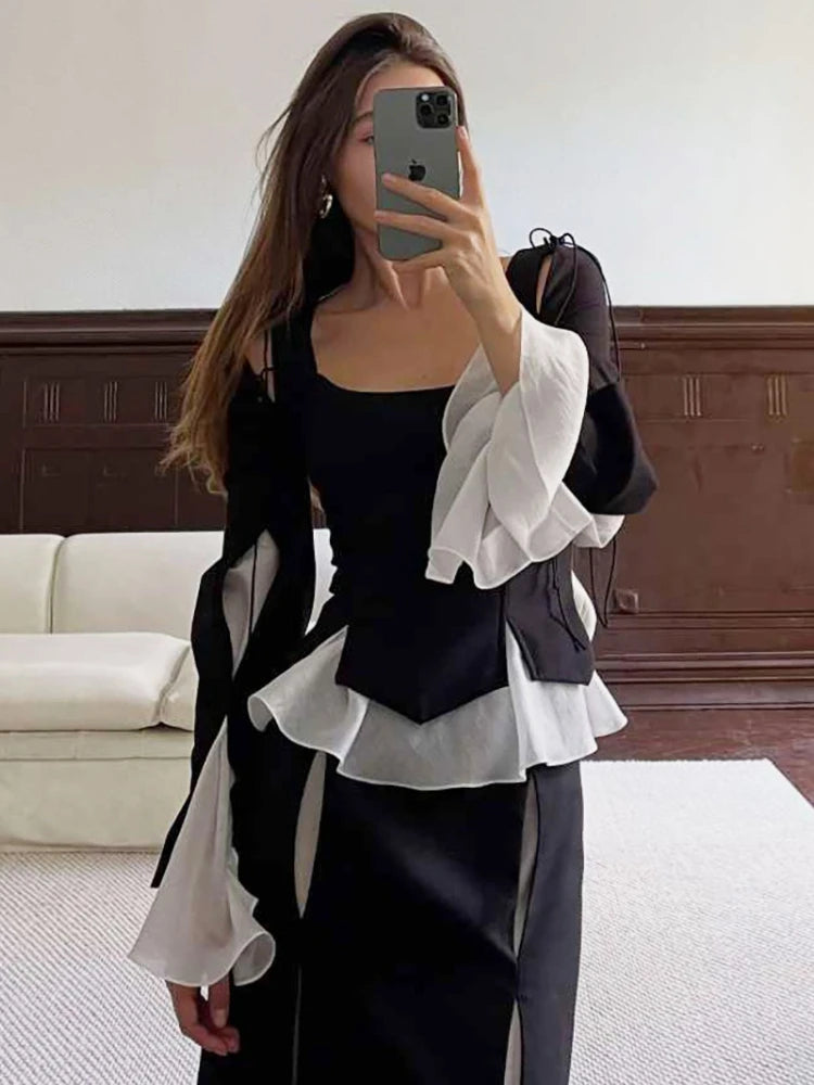 Tossy Fashion Lace-Up Hollow Out Mesh Top For Women Flared Sleeves Casual Patchwork Solid Slim Autumn 2025 New Pullover Y2K Top