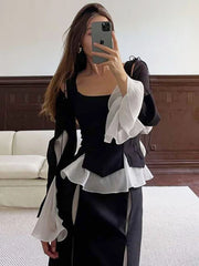 Tossy Fashion Lace-Up Hollow Out Mesh Top For Women Flared Sleeves Casual Patchwork Solid Slim Autumn 2025 New Pullover Y2K Top