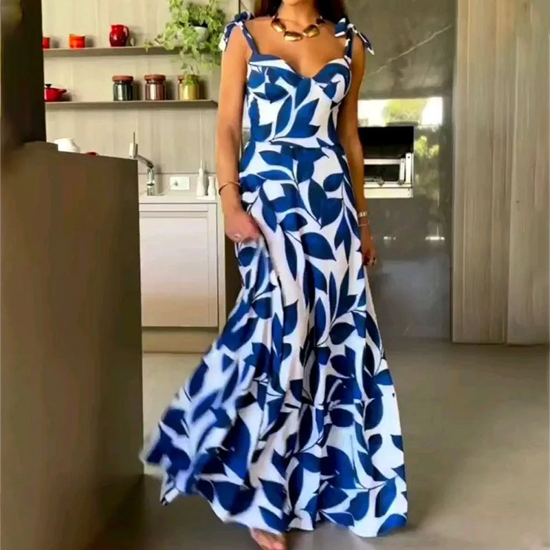Lunivop  Summer Print Long Dress Women Clothing Lace Up Party Dresses Pattern Spaghetti Strap Ladies V-Neck Beach Sundress