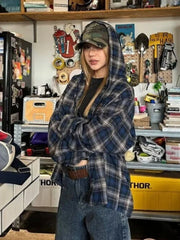 Lunivop  Vintage Plaid Shirts Women Harajuku Long Sleeve American Style Drawstring Hooded Blouses Loose Casual Streetwear Spring