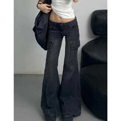 Lunivop Black Womens Jeans High Waist Vintage Straight Winter Denim Pants Street Multiple Pockets American Wide Leg Baggy Denim Trouser