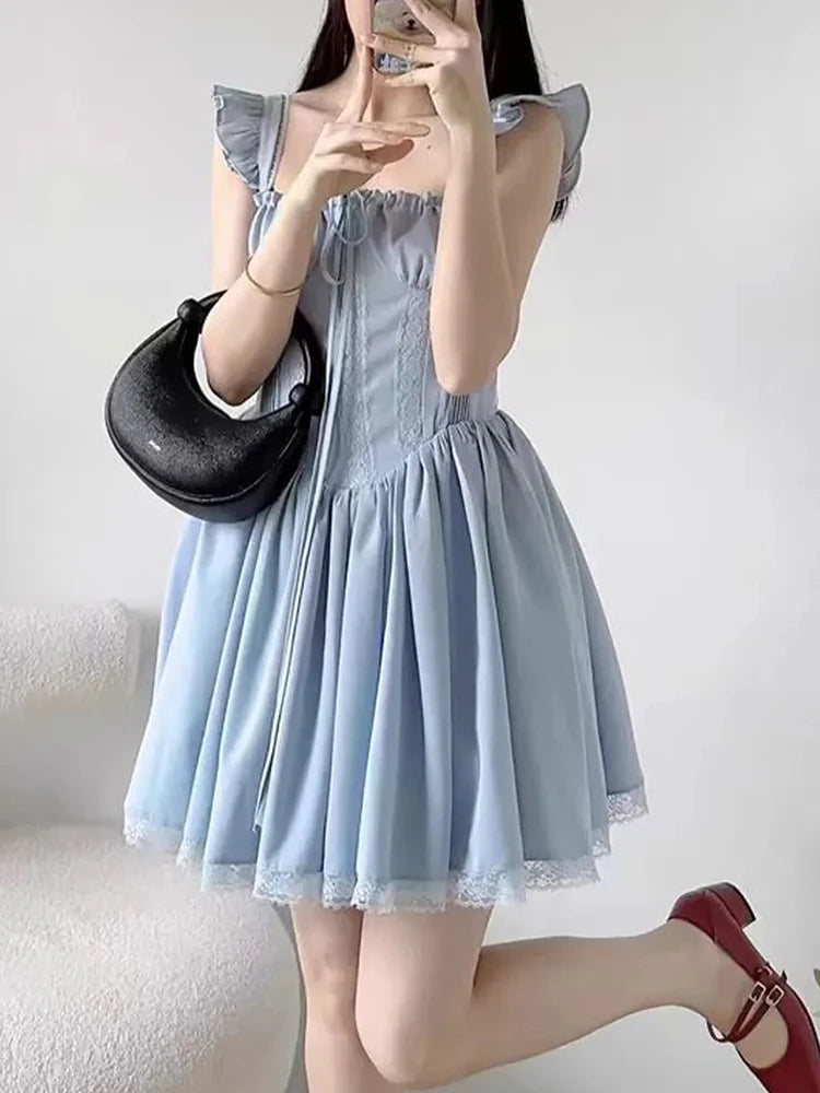 Lunivop  Sweet French Blue Dress Women Elegant Lace Patchwork Retro Sexy Mini Dress Casual Square Collar Flying Sleeve Vestidos New