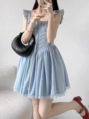 Lunivop  Sweet French Blue Dress Women Elegant Lace Patchwork Retro Sexy Mini Dress Casual Square Collar Flying Sleeve Vestidos New