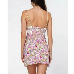 Lunivop  Pink Floral Print Backless Sling Dress Summer Woman Spliced Lace Bow V neck Mini Short Robe Beach Holiday Vestidos