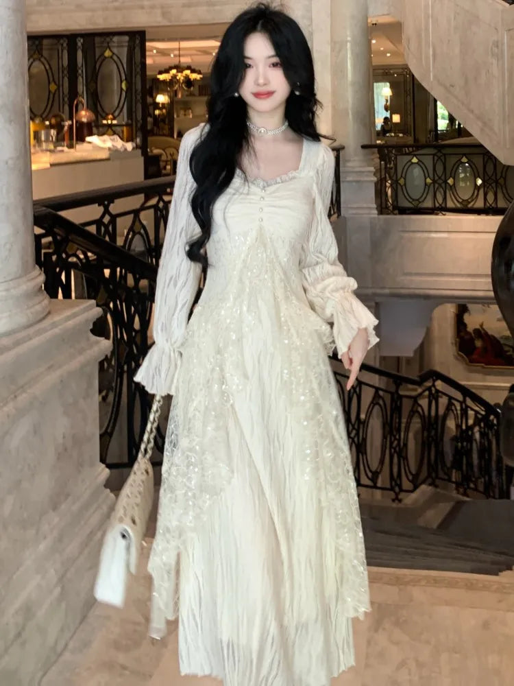 Lunivop  Elegant Solid Ruffles Fairy Dresses Korean Lace Patchwork Slim Waist A Line Dress Women Princess Party Vestidos Female Robe New