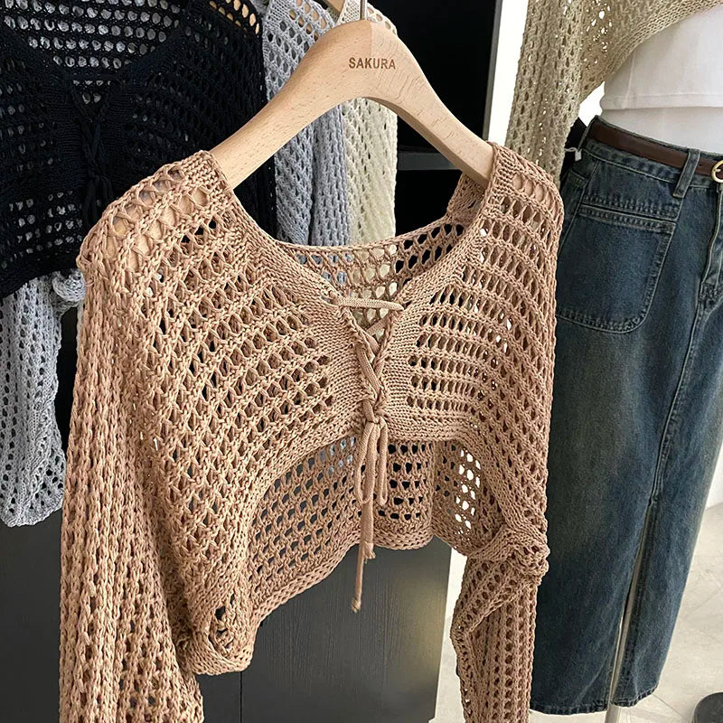 Lunivop Crochet Crop Tie Front Cardigan Women Long Sleeve Sheer OpenKnit Bolero Shrug Top Summer Beach Bikini Cover Up Y2K Outfit