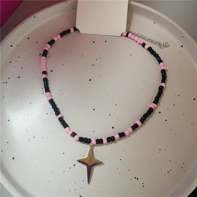 Lunivop Dopamine Pink Pendant Black Beaded Necklace For Women Sweet Cute Heart Flower Star Neck Chain Y2K Fashion Jewelry