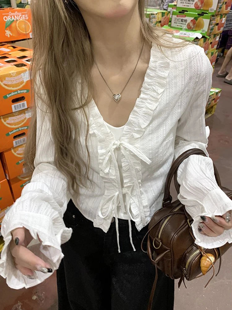 Lunivop  Lace Up Sweet White Shirts Women Vintage Long Sleeve Cropped Blouse Casual V Neck Female Korean Elegant Retro Tops New