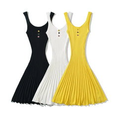 Lunivop  4 COLORS Sexy U collar Sleeveless Rib Knitting Dress Women Skinny Slim Fit Hem Pleated A-lined Short Tank Robe Pink Yellow Black