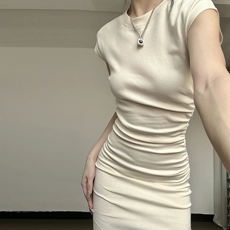 Lunivop Solid Color Short Sleeve White Slim Long Dress Casual Streetwear Daily Outfit Summer Korean Fashion For Women Clothes