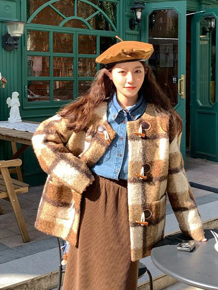Lunivop Vintage Faux Woolen Plaid Coat Women Fall Winter Long Sleeve Sweet Jacket Retro Preppy Style Korean Elegant O Neck New Tops
