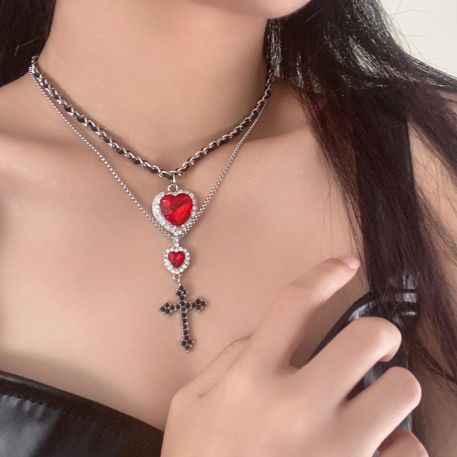 Lunivop Double Layered Leather Red Crystal Heart Pendant Necklace for Women Exquisite Cross Earrings Collarbone Chain Gothic Jewelry Set