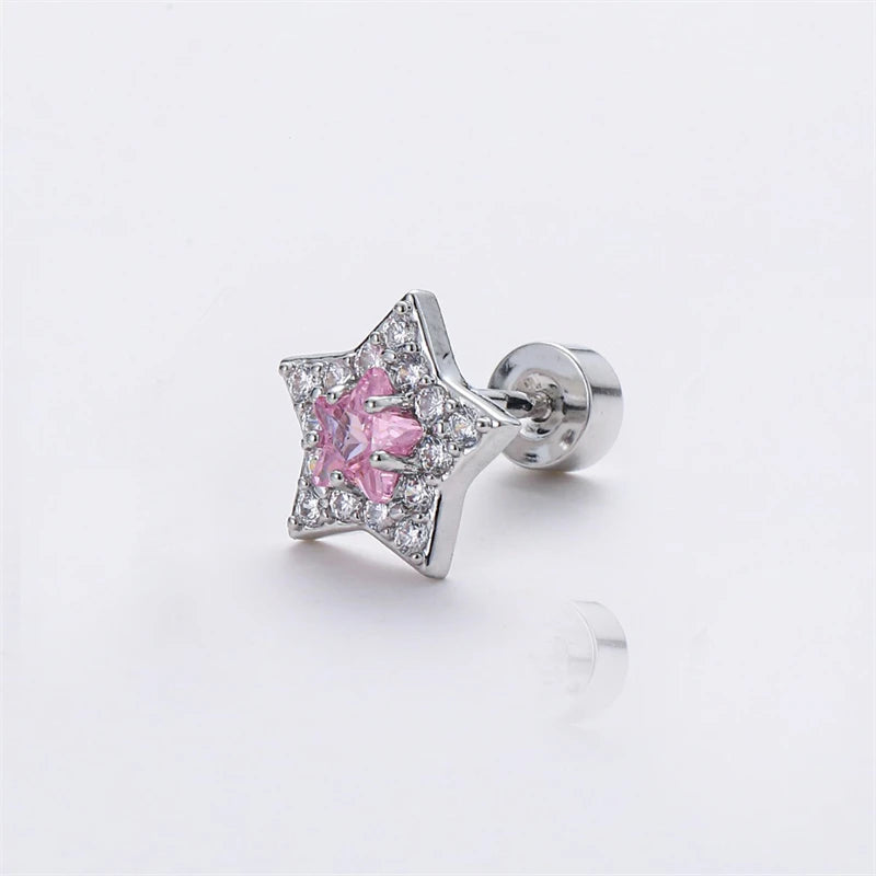 Lunivop 1 Pcs Cute Pink Zircon Bear Cross Love Heart 316L Stainless Steel Ear Bone Nail for Women Small Earrings Jewelry Birthday Gift