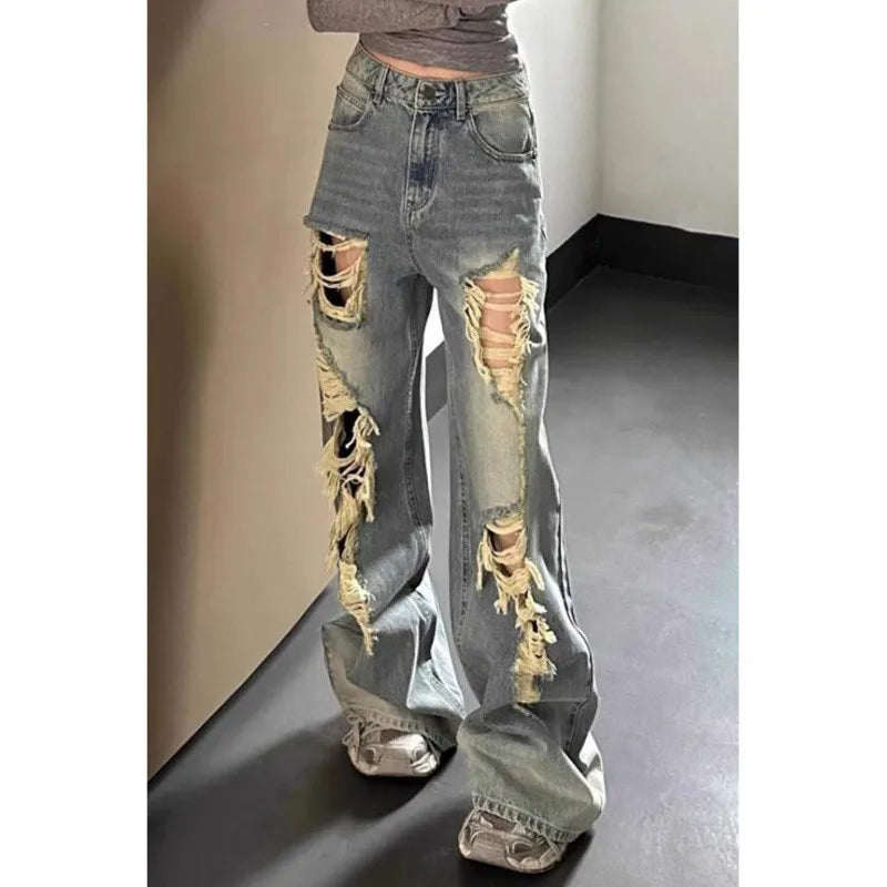 Lunivop  Vintage Waed Ripped Denim Jeans Women Y2k Loose Straight Leg Slim Wide Leg Floor Length Pants Distressed Denim Jeans Streetwear