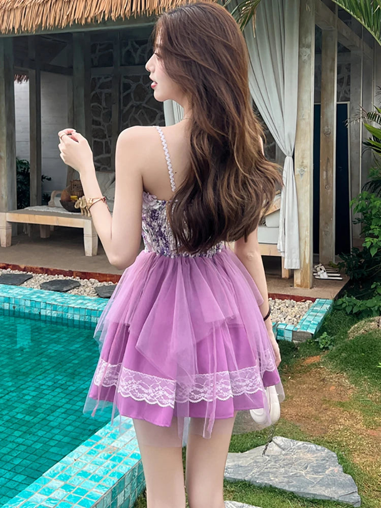 Lunivop  Women Purple Jacquard Patchwork Mesh Casual Short Dress Summer Elegant Sling Sexy Dress 2025 Korean Fashion Birthday Party Dress