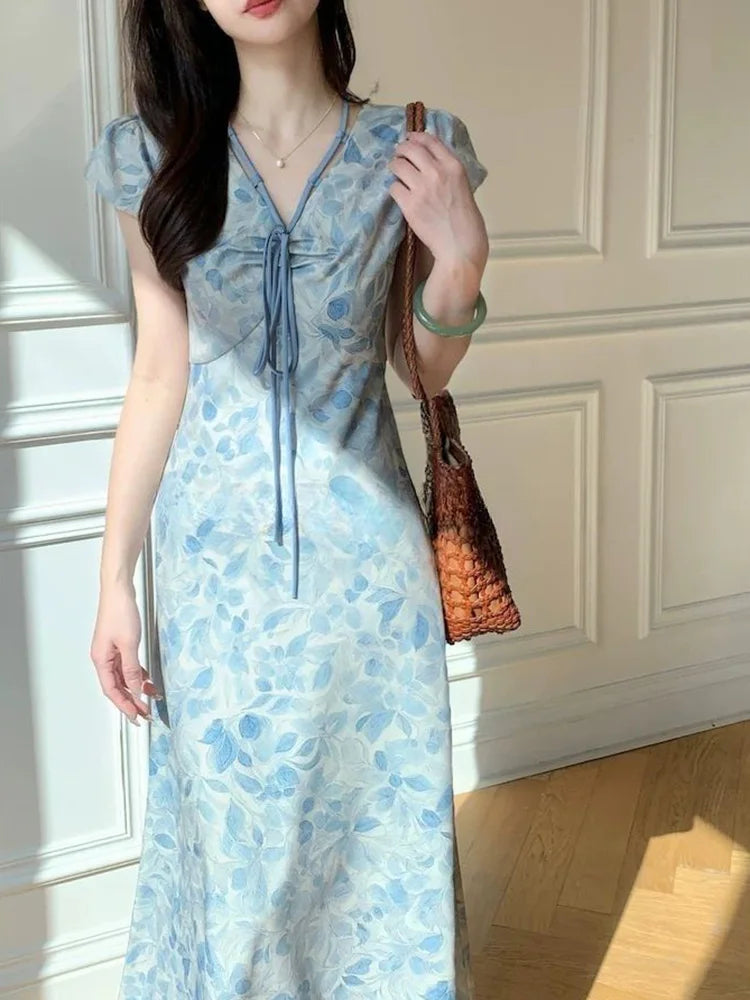 Lunivop  Sweet Blue Print Long Dress Women Slim Vintage V Neck Elegant Dress Casual French Retro Lace Up Female Soft Vestidos New